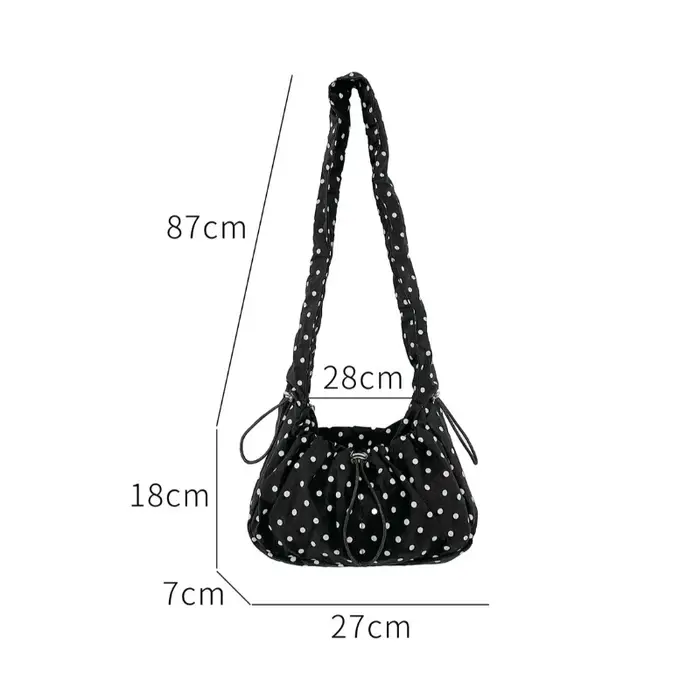 Sac bandoulière plissé rétro à pois grande capacité pour femme