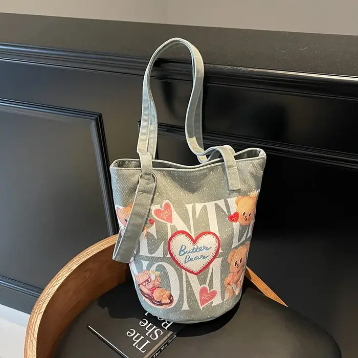 Sac seau en toile imprimé ours mignon