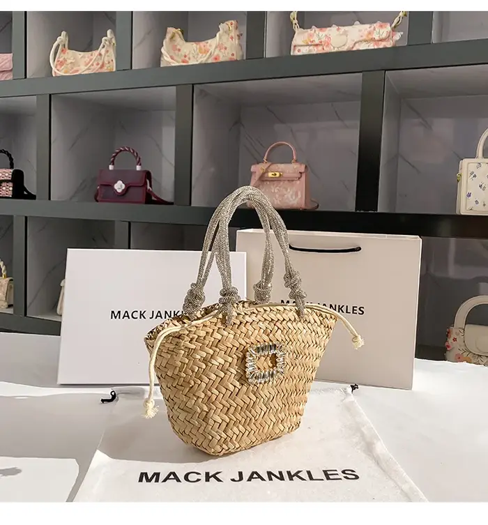 Sac à Main en Paille Tissée à la Main avec Strass Brillants pour Femme, Pochette de Plage et de Vaca