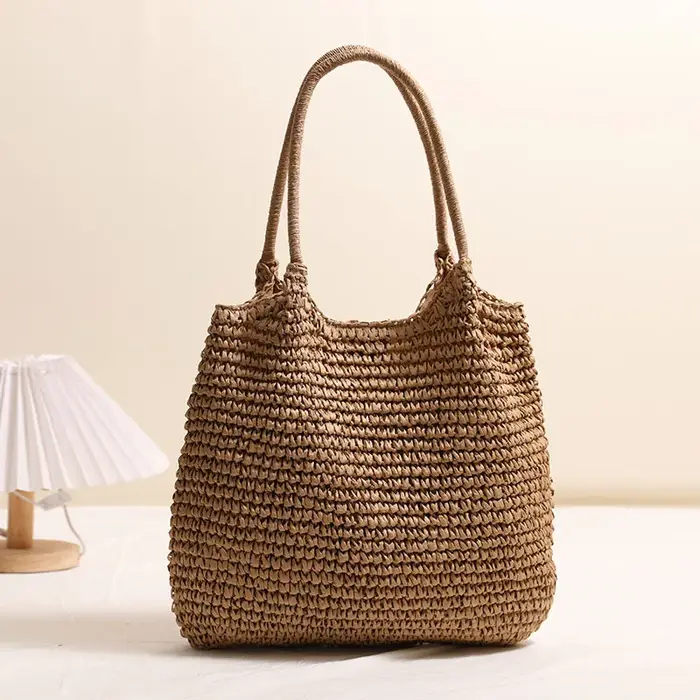 Sac fourre-tout en paille tressé tendance, couleur unie, grande capacité, sac de plage carré décontr