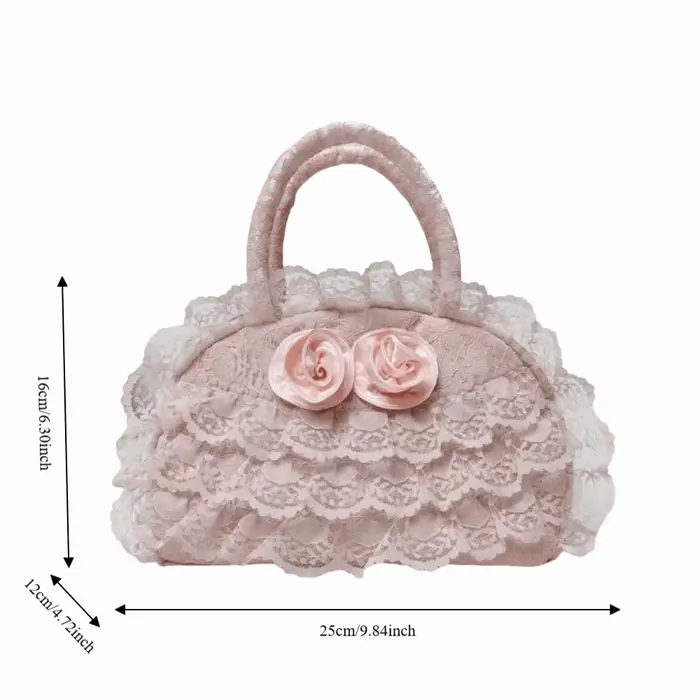 Sac à main en dentelle à volants en polyester, motif rose 3D, sac Lolita multicouche, intérieur spacieux, fermeture éclair, petit sac fourre-tout