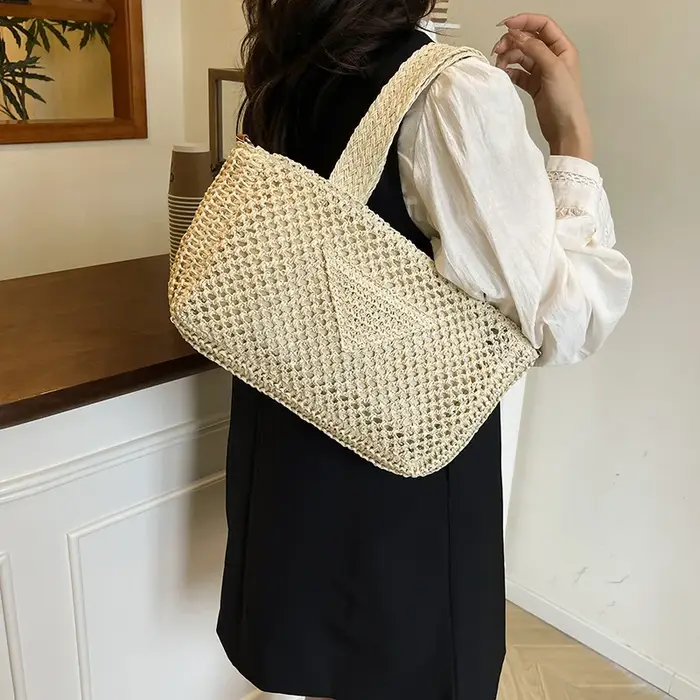 Sac en paille tressé grande capacité style vacances à la plage
