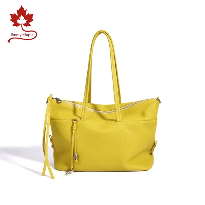 Sac fourre-tout minimaliste en cuir véritable jaune à longue poignée 2026 pour femme