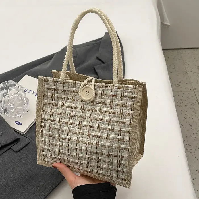 Sac à main en lin tissé pour dames, fourre-tout en jute, sac à déjeuner d'épicerie portable, grande 