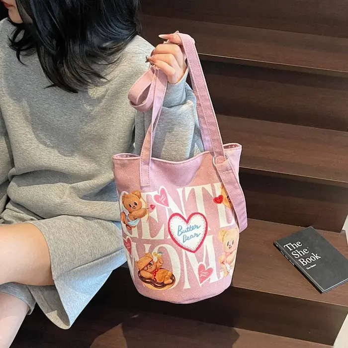 Sac seau en toile imprimé ours mignon