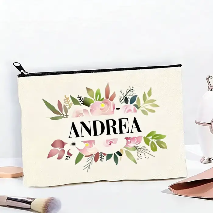 Trousse de maquillage personnalisée avec nom, motif floral lumineux, matériau en toile de polyester 