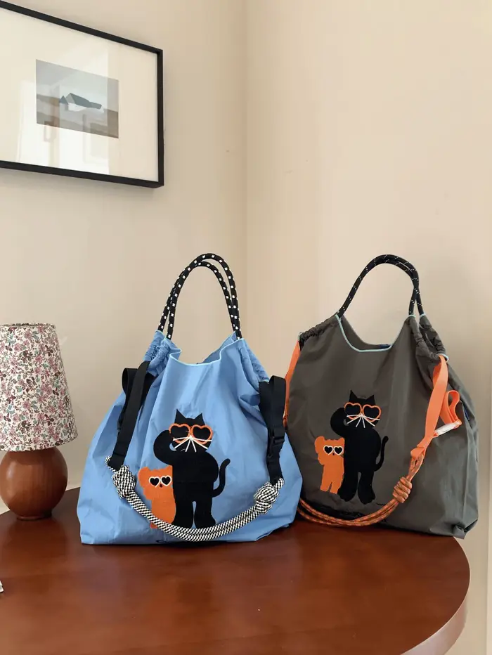 Sac de courses brodé de style japonais avec motif de chat à la mode