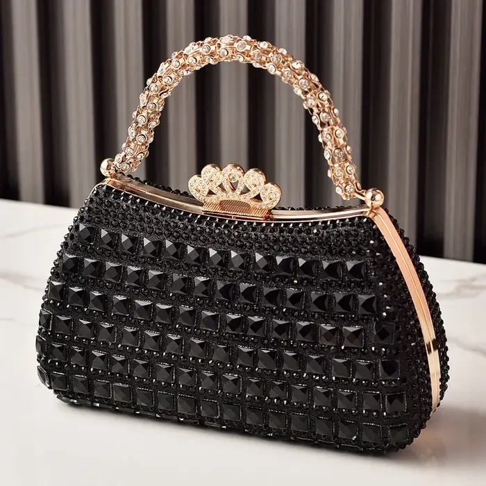 Sac à main femme argenté brillant avec fermoir couronne, sac à bandoulière diamanté, pochette de soi