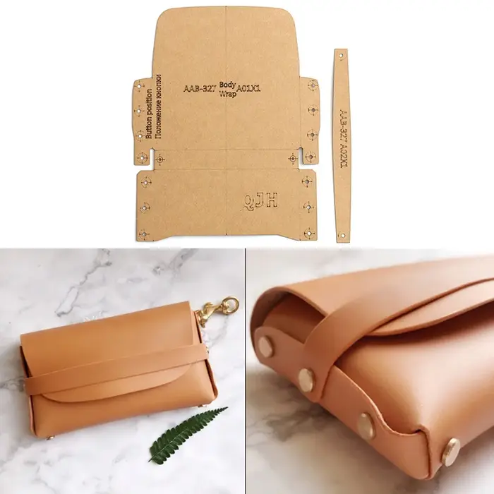 Pochette artisanale en cuir pour femme, motif de couture, modèle de galets en papier kraft dur, port