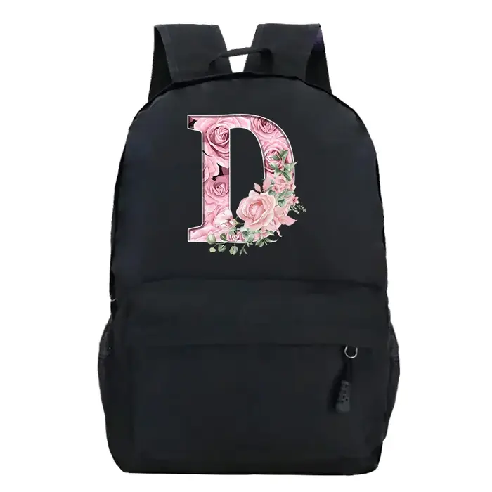 Rose Rose Alphabet sac à dos noir décontracté femmes esthétique sac à dos adolescente garçon fleur lettre sac d'école étudiant Mochilas