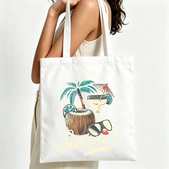 Sac fourre-tout en toile graphique d'été avec imprimé palmier et cocktail, idéal pour les sorties à 