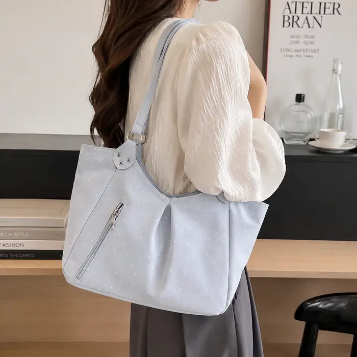 Sac fourre-tout coréen à pois rétro mignon avec fermeture éclair, grande capacité, décontracté, pour le quotidien, nouveau modèle tendance pour femmes, idéal pour le shopping et le travail