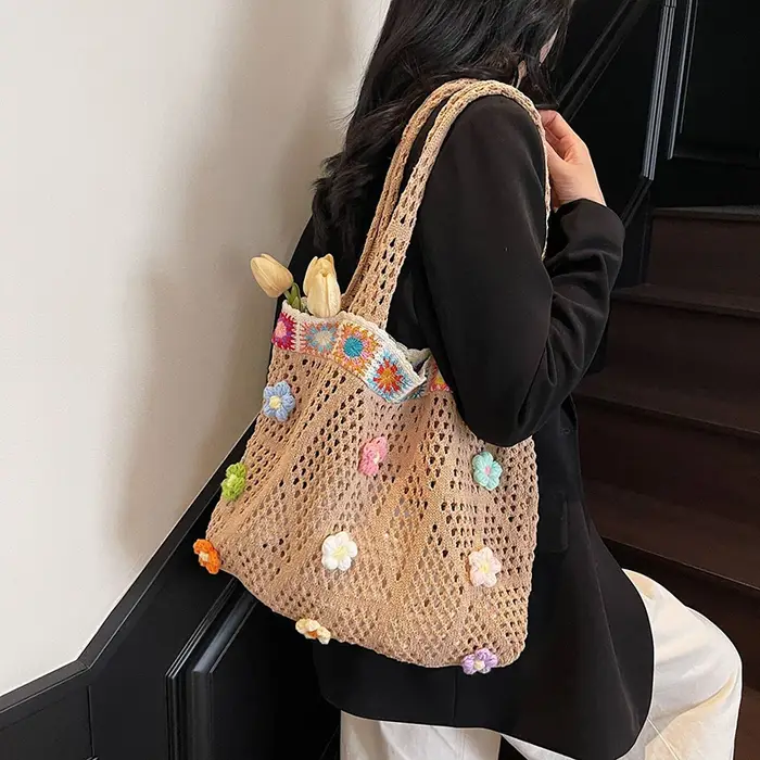 Sac fourre-tout de plage à fleurs au Crochet