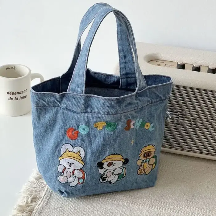 Sac à main en denim délavé à la mode, fourre-tout portable, motif de dessin animé mignon, sacs à lun