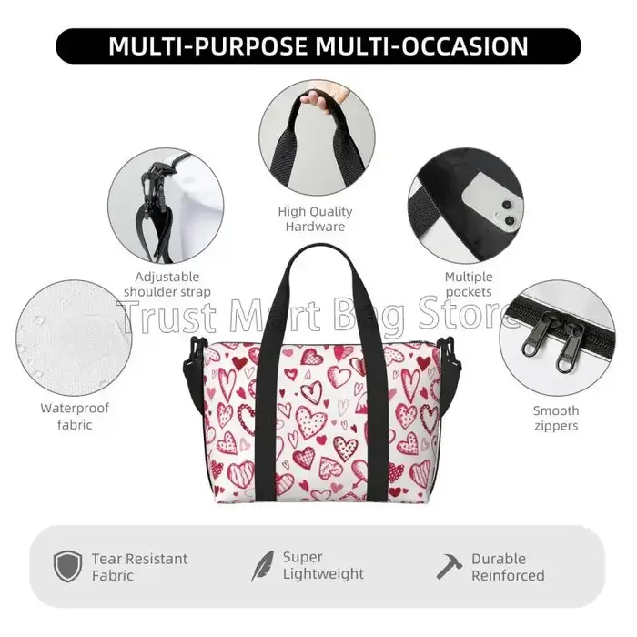 Sac polochon de voyage à motif coeurs d'amour pour femmes