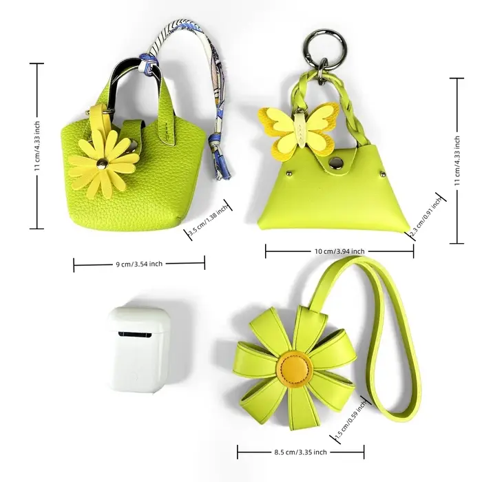 Ensemble Pochette Tournesol et Porte-clés en Cuir PU Vert Pomme - Porte-monnaie Fonctionnel