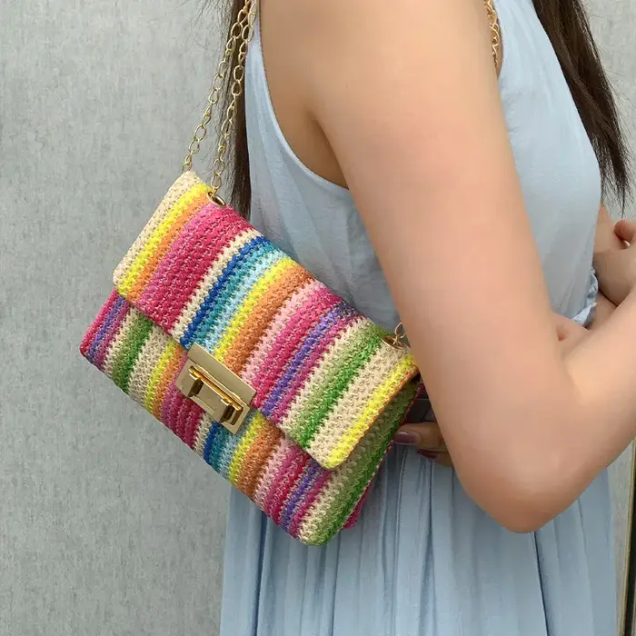 Sac à main en paille rayé multicolore pour femmes