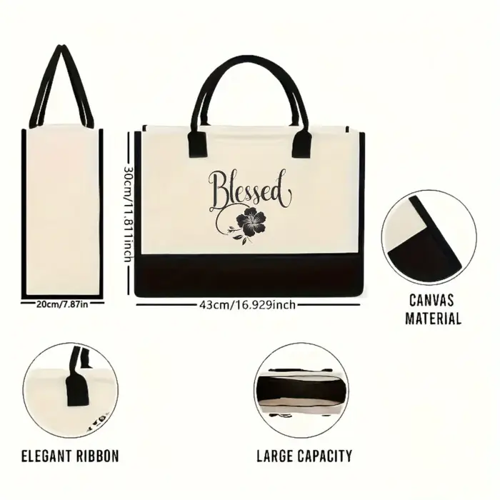 Sac fourre-tout en toile au design floral blanc et noir pour un usage quotidien