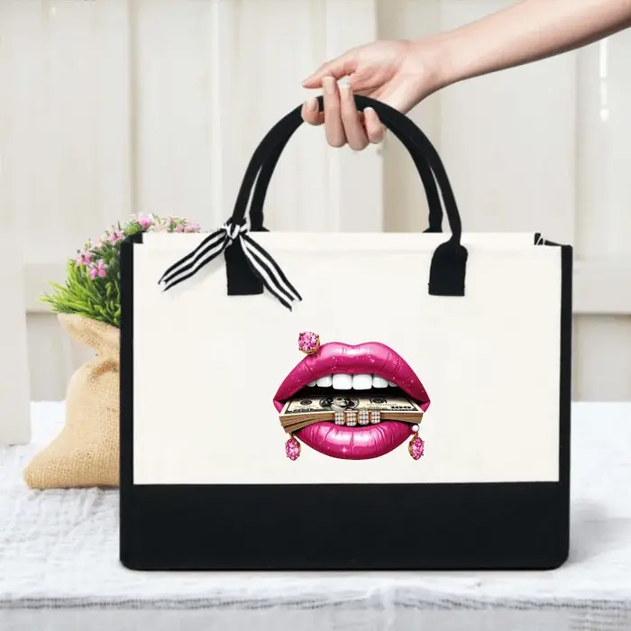 Sac fourre-tout tendance avec lèvres crème et noires, imprimé avec billets de banque, adapté à un us