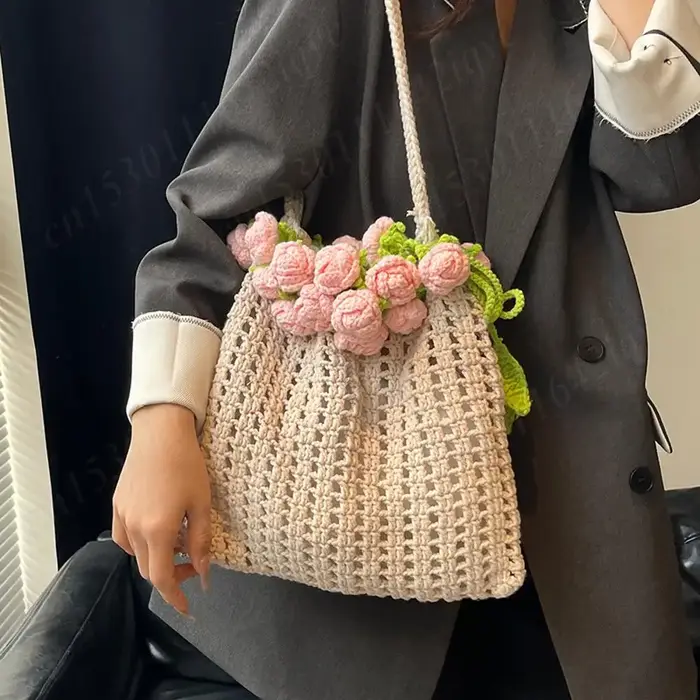Rose Crochet sac à main 2025 printemps mignon tricoté sac à bandoulière romantique concepteur Floral évidé dames sac