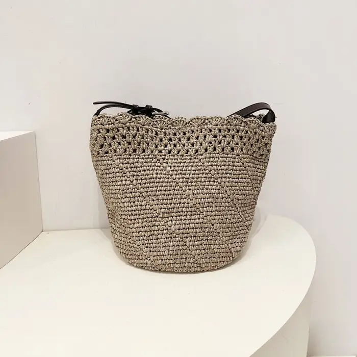 Sac Femme Raphia Paille Tissé Cuir Véritable Sangle Vache Bohème Vintage Plage Vacances Faite Main Crochet Ajouré Bord Ondulé Souple Grande Capacité Décontracté Usage Quotidien Haute Qualité Mode Styl