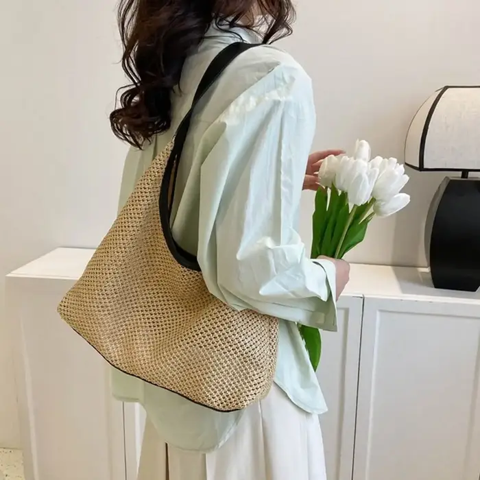 Sac en paille tressé uni mignon style bohème fait main