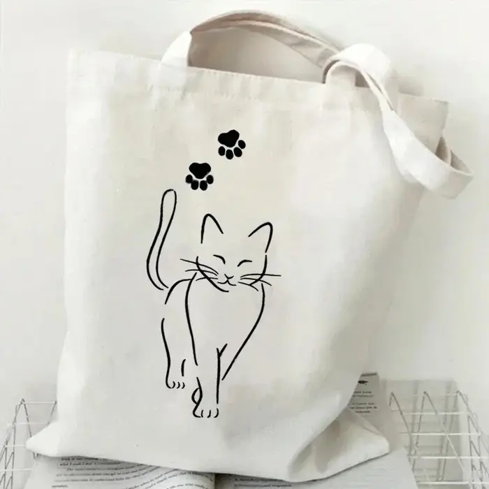Sac fourre-tout en toile imprimé chat noir et blanc