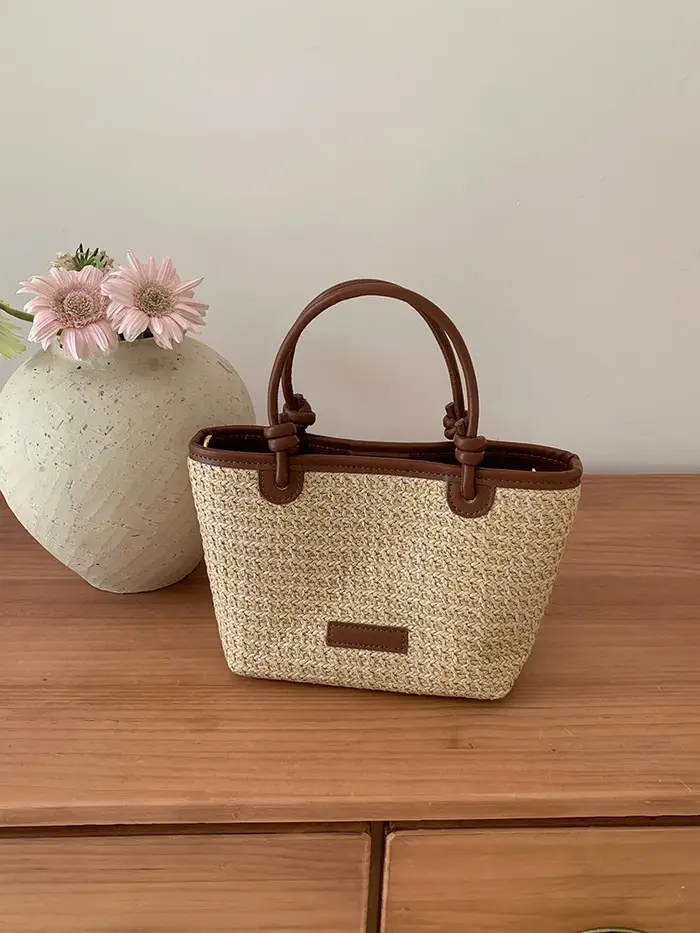 Mini sac fourre-tout en paille tressée, sac à main portable avec garniture en PU pour femme, idéal p