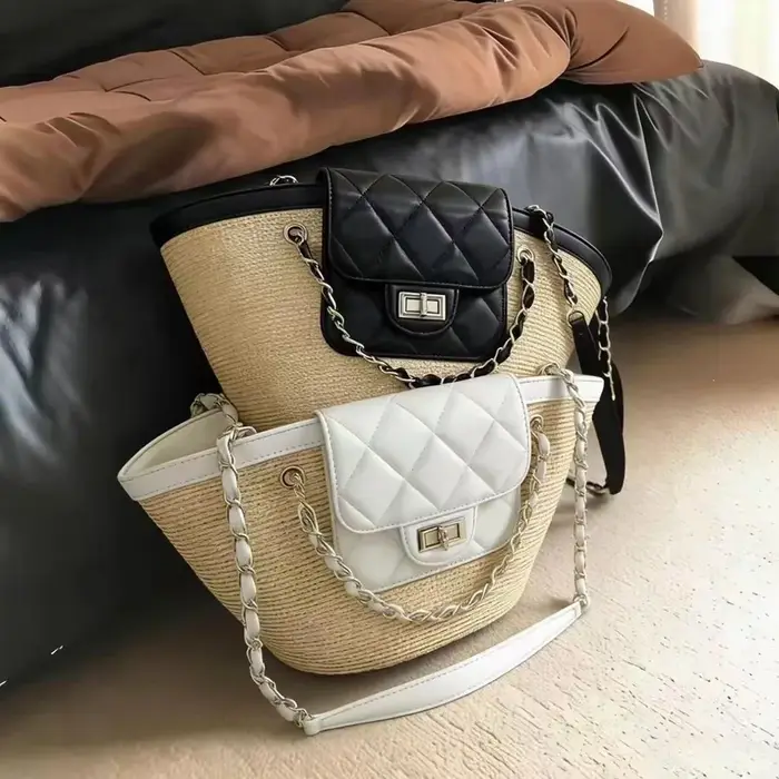 Nouveau Sac Fourre-tout de Plage en Paille Tressée Fait Main pour Femme