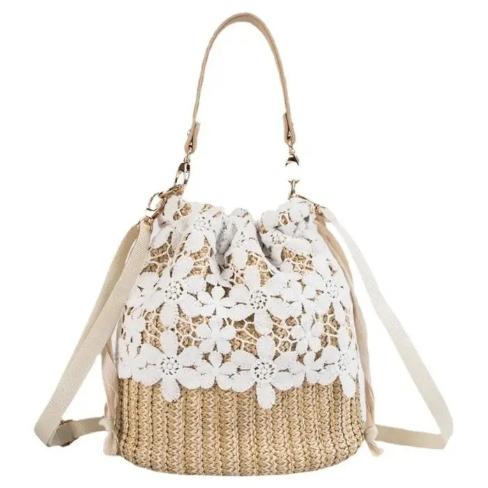 Sac à bandoulière décontracté en paille et dentelle, sac fourre-tout bohème tressé ajouré, grande ca