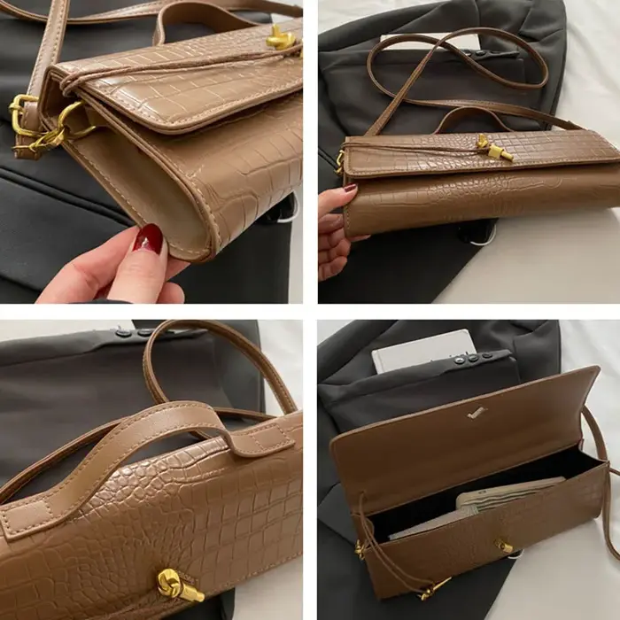 Sacs pour femmes élégants noir rétro en cuir PU motif Crocodile rabat pochette