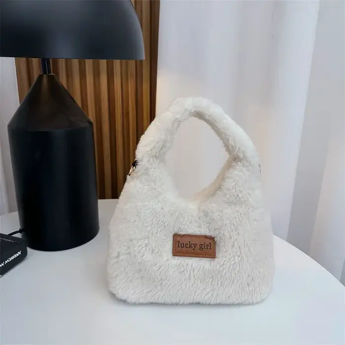 Pochette Hobos en fausse laine d'agneau pour femme, sacs à main simples, lettre en peluche, fourre-t