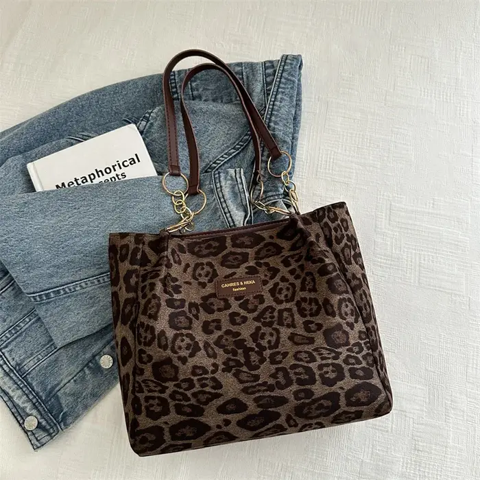 Sac à main vintage imprimé léopard, fourre-tout élégant en PU marron, parfait pour les femmes du sho