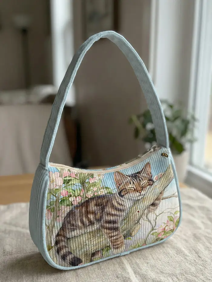 Sac à bandoulière tendance à imprimé chat tabby aquarelle, sac sous le bras en velours côtelé bleu c
