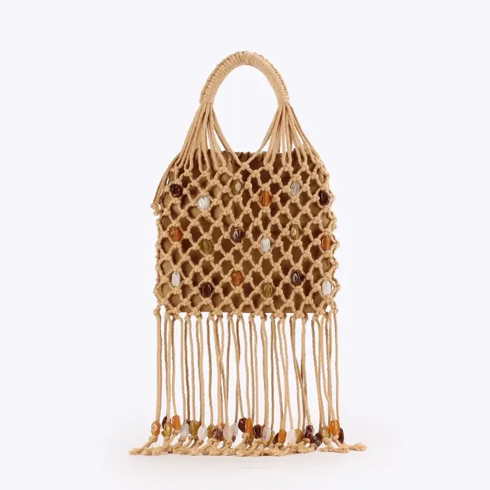 Sac fourre-tout tressé fait main pour femme avec franges à pampilles et détails perlés