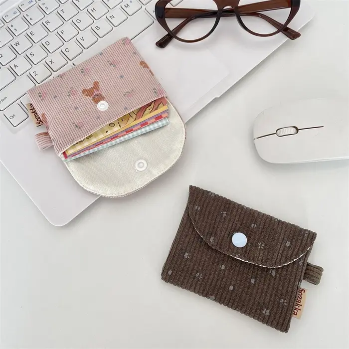Mini Portefeuille Porte-Monnaie Petit Sac Carré en Corduroy pour Étudiant Bus Cartes d'Identité Bancaires