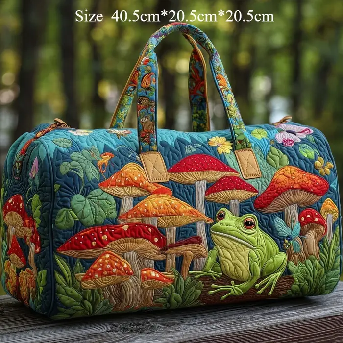 Sac de voyage 3D artisanal matelassé, sac de week-end bohème hippie, motif champignon, grenouille, b
