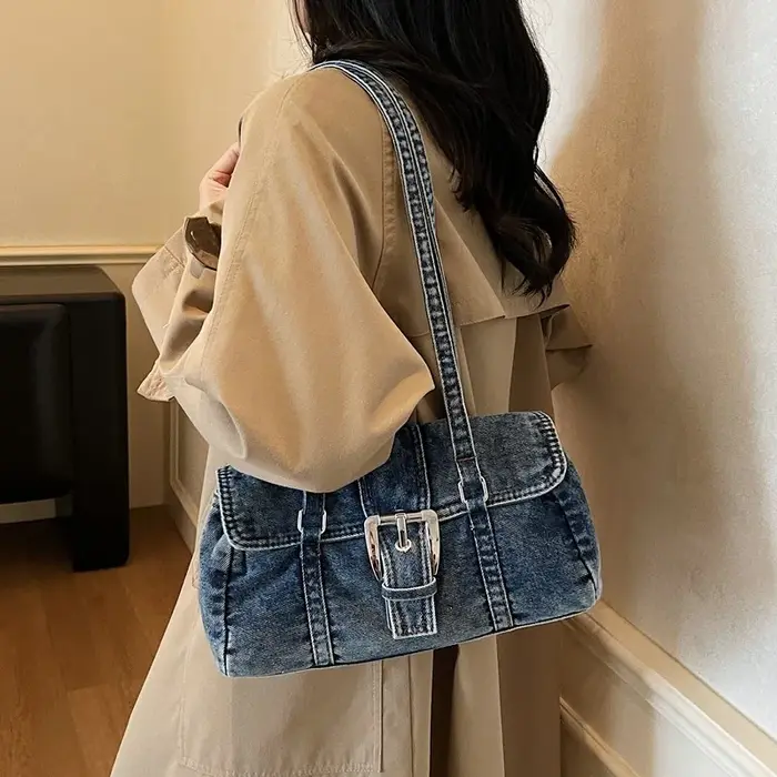 Sac à bandoulière en jean délavé style rétro