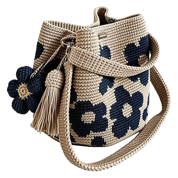 Sac fourre-tout en crochet fait main pour femme avec pendentif pompon