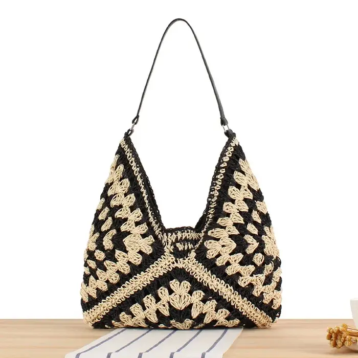 Sac à main d'été bohème tressé, fourre-tout décontracté, sac de plage en paille creuse, sac initié t