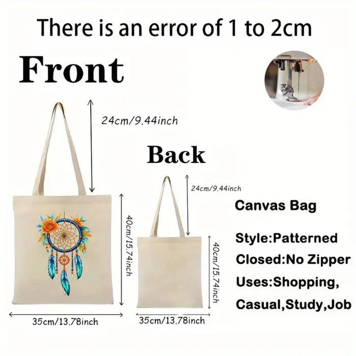 Sac fourre-tout en toile Dream Catcher avec imprimés floraux blancs et plumes pour un usage quotidien et un shopping