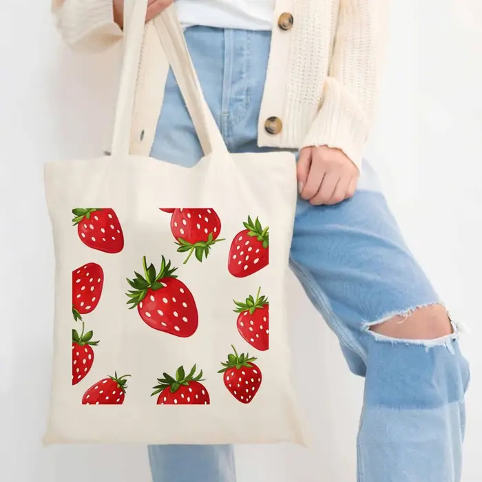 Sac fourre-tout en toile à motif de fraises avec imprimé de fruits blancs