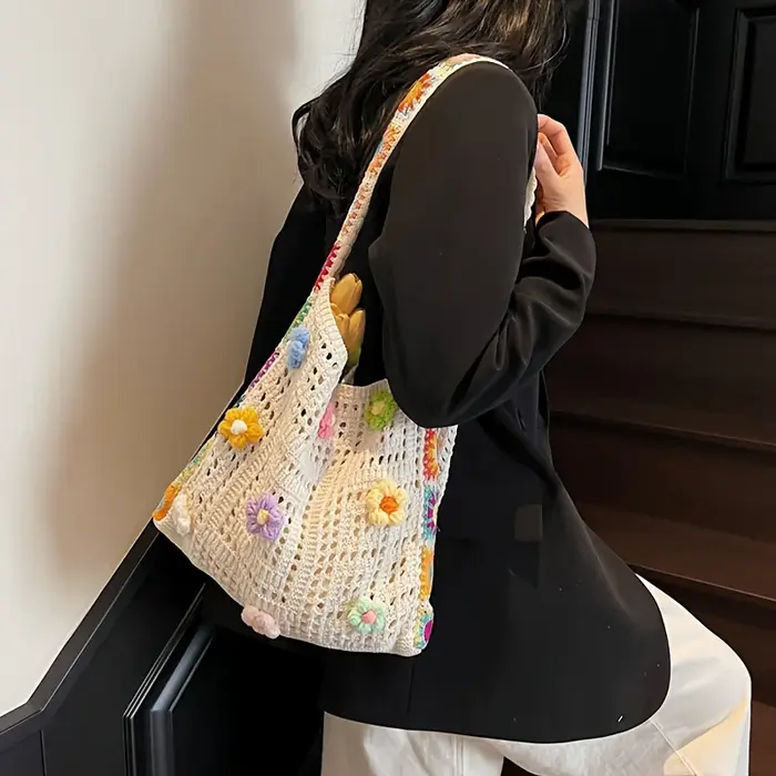Sac ethnique bohème pour femme, nouveau style 2026, sac à bandoulière en tricot ajouré, style décont