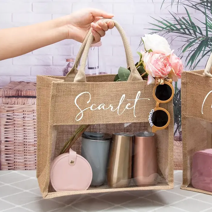 Sac fourre-tout en toile de jute de plage avec nom personnalisé