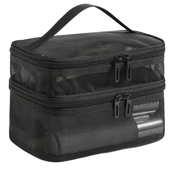 Sac de maquillage en maille à double couche, sac de rangement de grande capacité, sac de toilette à 