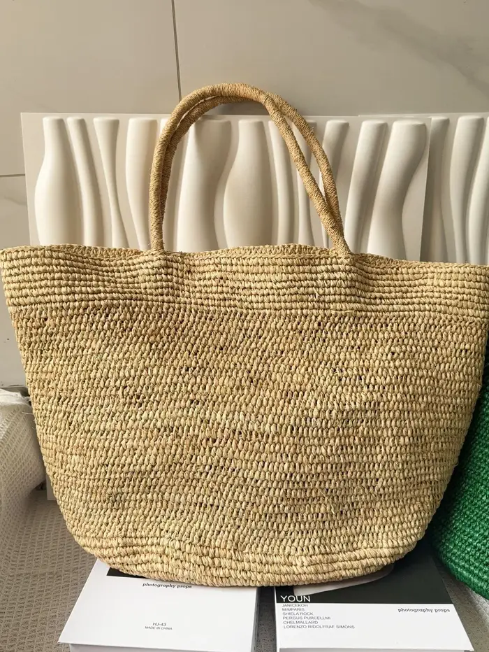 Nouveau Sac Fourre-tout Grande Capacité en Raphia Fait Main pour Femme, Sac de Plage en Paille Natur