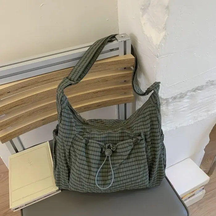 Sac à bandoulière à carreaux pour femmes, sac à bandoulière en Nylon avec cordon de serrage, sacoche
