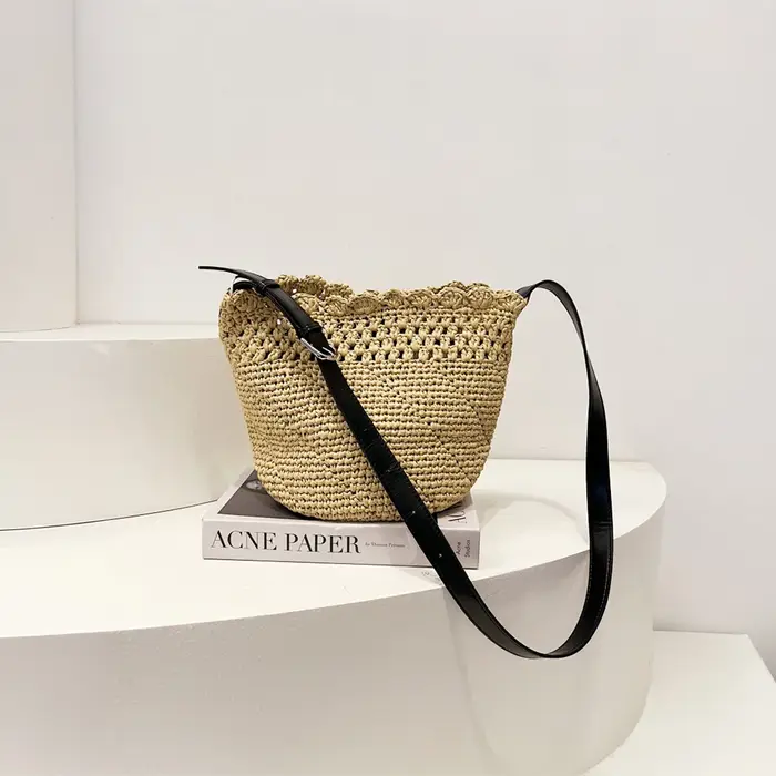 Sac Femme Raphia Paille Tissé Cuir Véritable Sangle Vache Bohème Vintage Plage Vacances Faite Main C