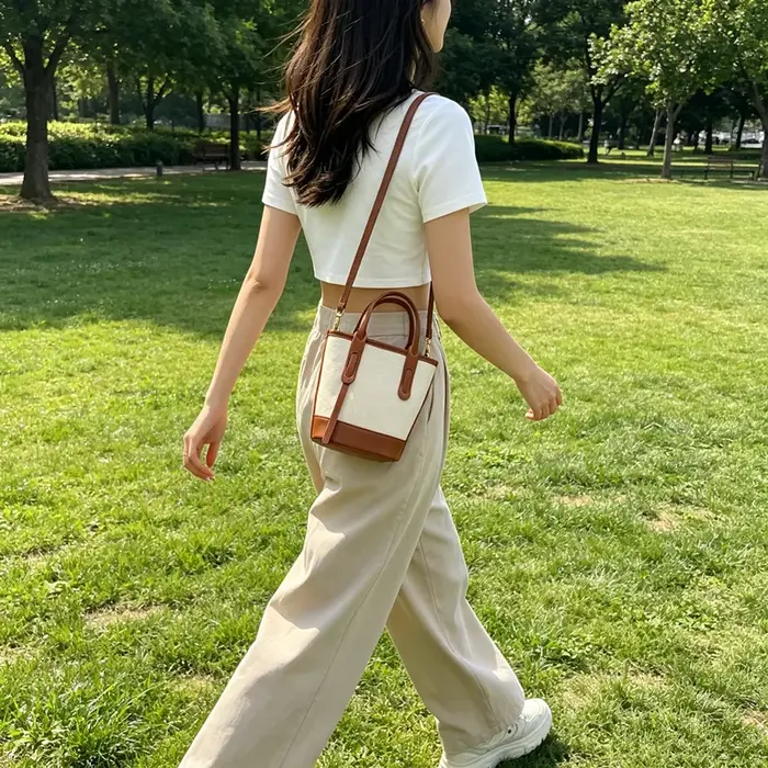 Sac seau vintage en toile et cuir pour femme
