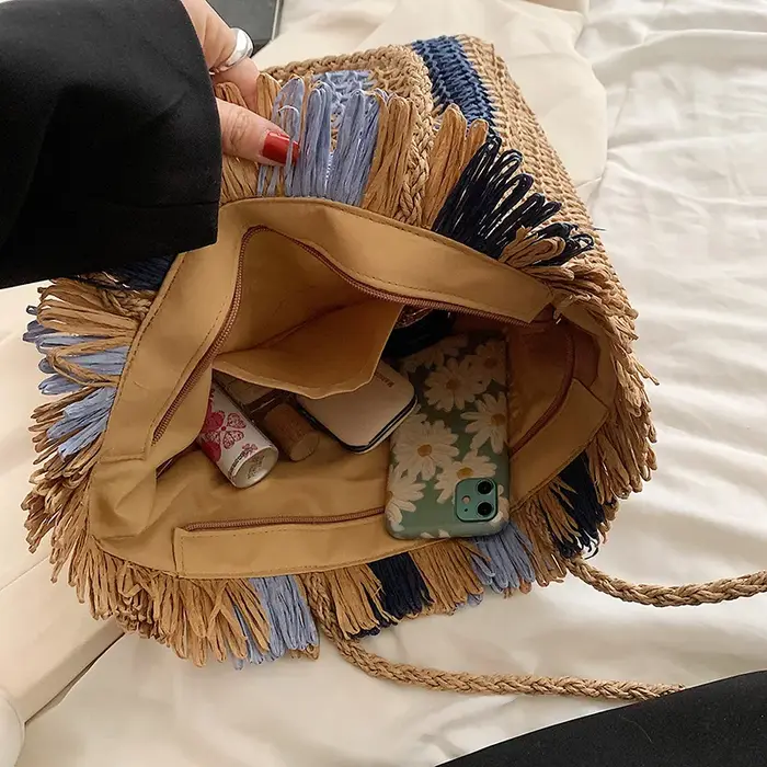 Sac à main en paille rayé pour femmes